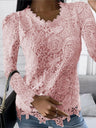 Lace Rose Openwork Round Neck Long Sleeve T-shirts