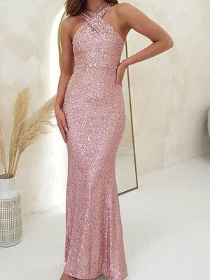 Neckband Evening Gown Sleeveless Sequined Long Dress