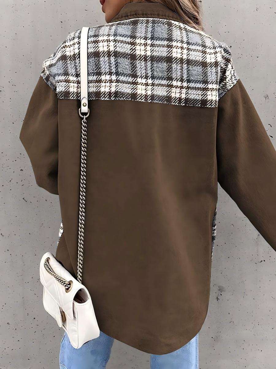 Long Sleeve Plaid Splicing Fasten Denim Jackets