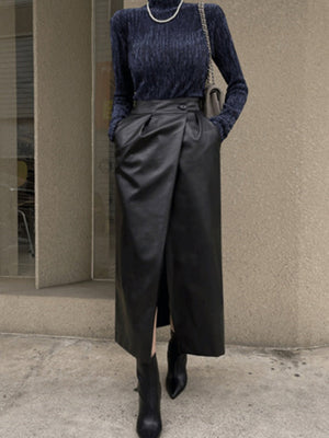 Leather Stitching Buttons Pleated High-waisted Side Slit Long Skirts