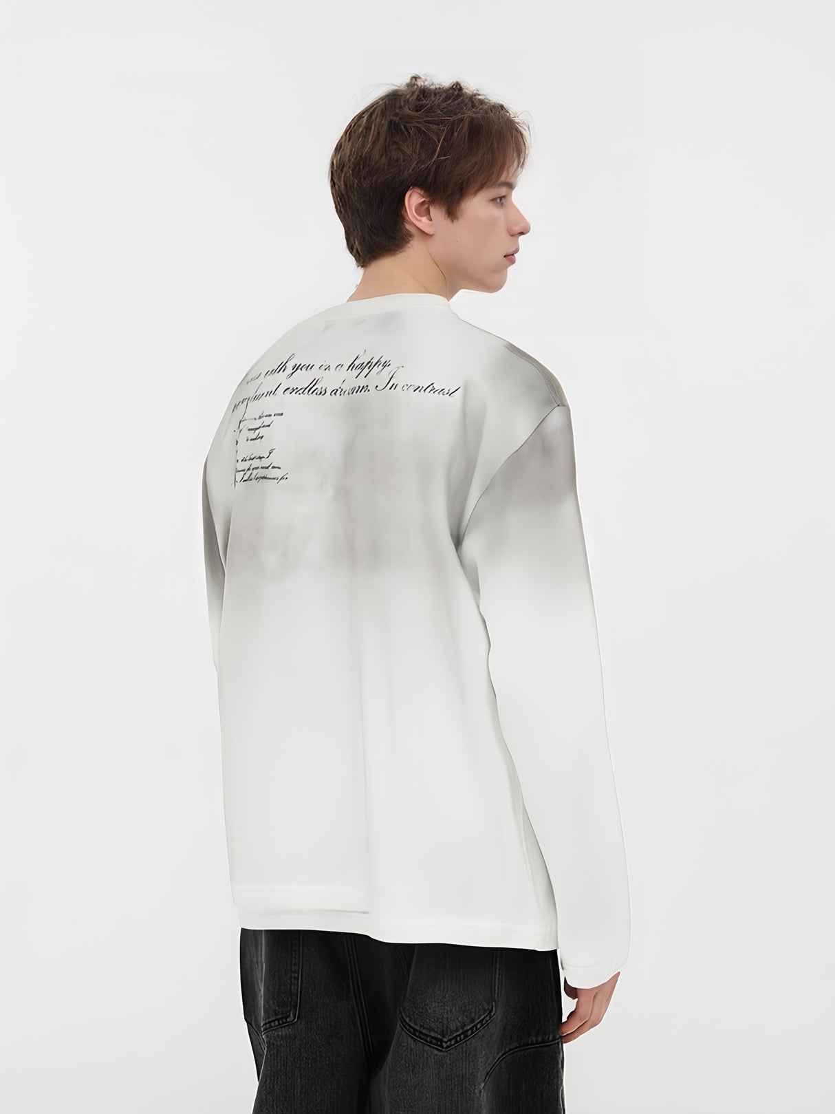 Retro European And American Portrait Prints Distressed Henry Collar Fake Two Pieces Long-sleeved T-shirt