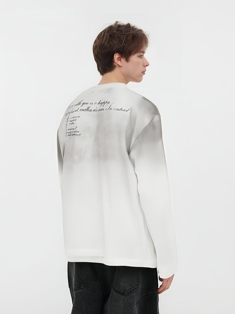 Retro European And American Portrait Prints Distressed Henry Collar Fake Two Pieces Long-sleeved T-shirt