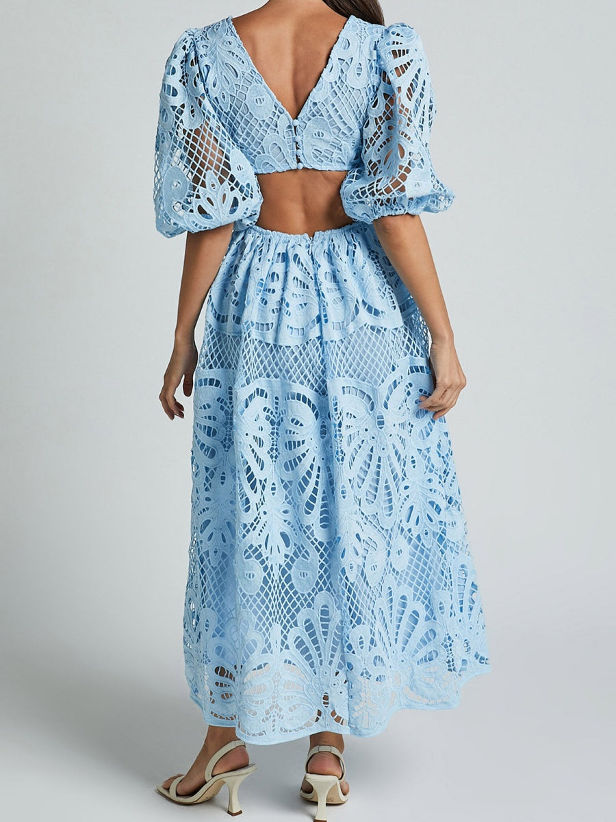 Robe midi sexy en dentelle brodée à col V