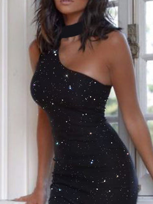 Sloping Shoulder Halter Neck Sequins Hip Wrap Sleeveless Mini&Short Dresses