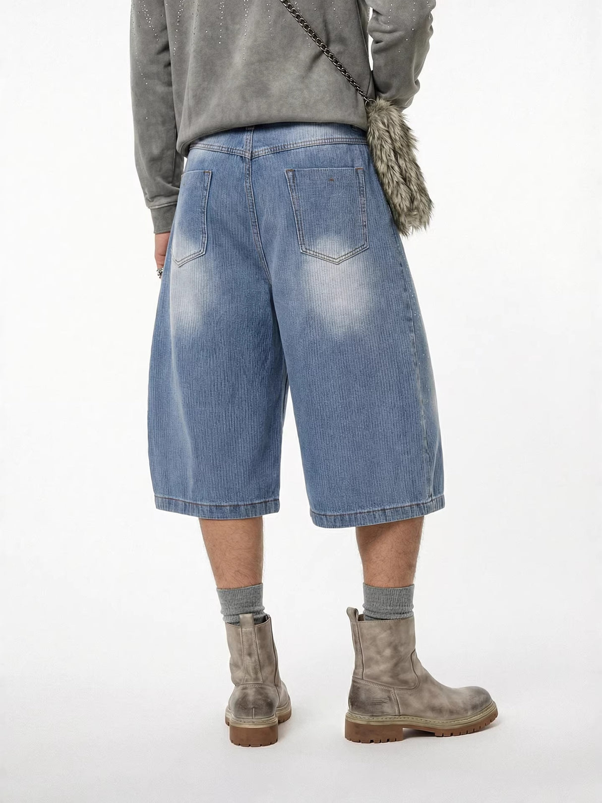 Light Blue Scattered Diamonds Washed Distressed Denim 7 Points Shorts