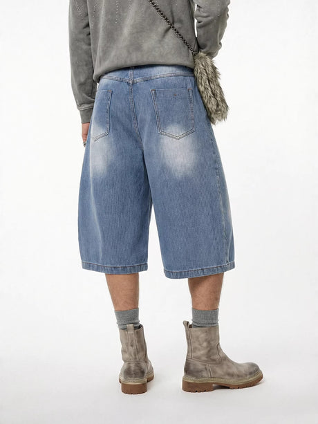 Light Blue Scattered Diamonds Washed Distressed Denim 7 Points Shorts