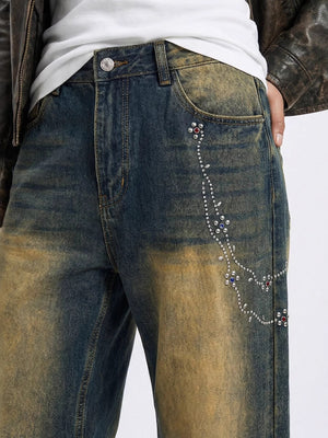 Retro Distressed Diamond Chain Jeans