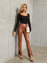 Slit PU Leather High Waist Stretch Trumpet Pants