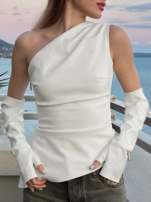 PU Leather Sleeveless Asymmetrical Neck Vest With Arm Sleeves Jacket
