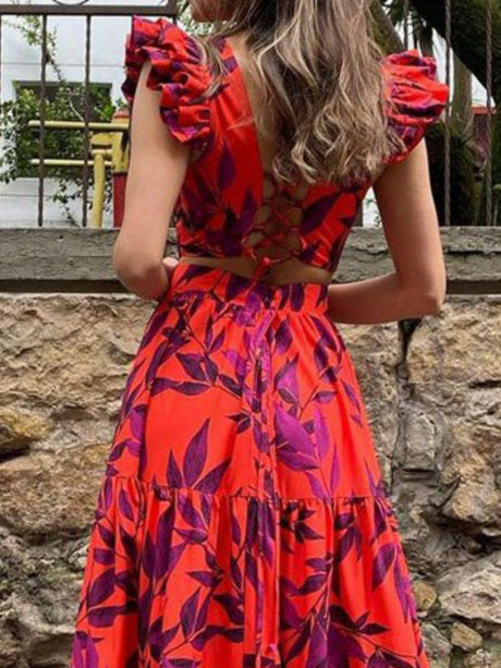 Robes maxi à imprimé floral, manches papillon et taille haute, jupe ample