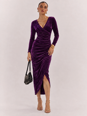 Goose Down V-neck Dress, Slim Fit, Pleated Patchwork, Irregular Skirt, Elegant Long Dress