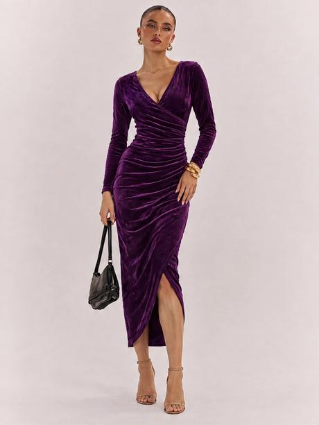 Goose Down V-neck Dress, Slim Fit, Pleated Patchwork, Irregular Skirt, Elegant Long Dress