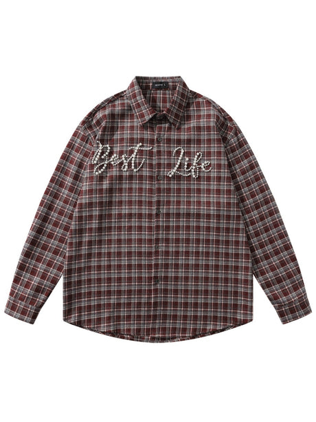 Liber Autumn Neutral wear Beading Plaid Shirts