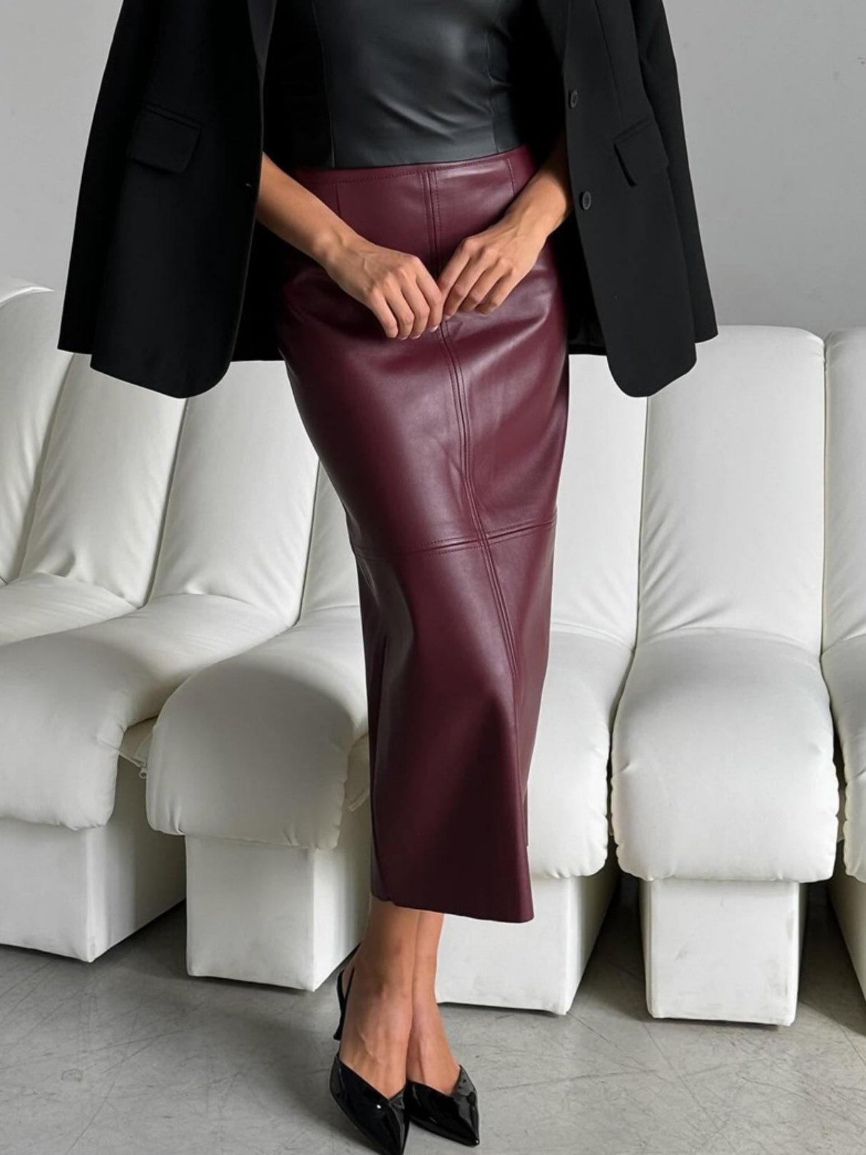 Leather Stitching High-waisted Back Slit Long Skirts