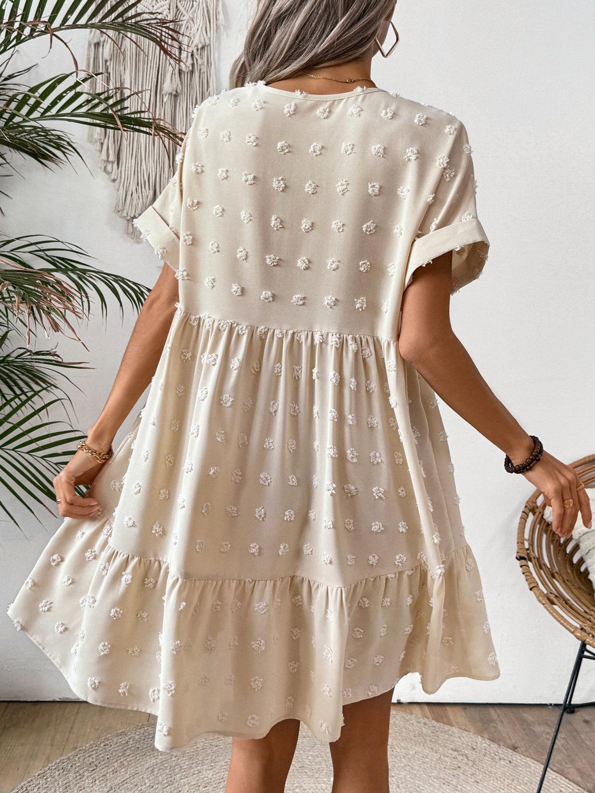 Ruffled Hem V-neck With Rolled-up Sleeves Mini&Short Dresses