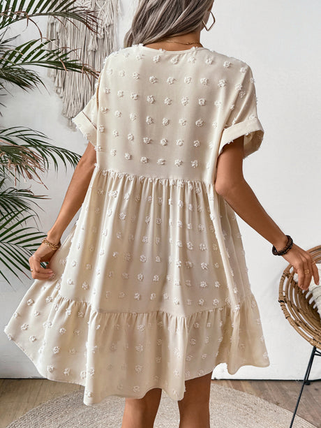 Ruffled Hem V-neck With Rolled-up Sleeves Mini&Short Dresses