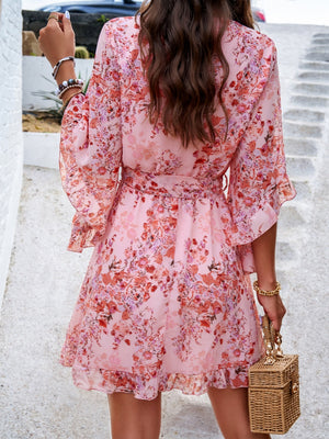 Floral Print Tie-waist Chiffon Short Dress