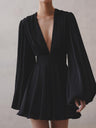 V-neck Flared Sleeves Waist Mini&Short Dresses