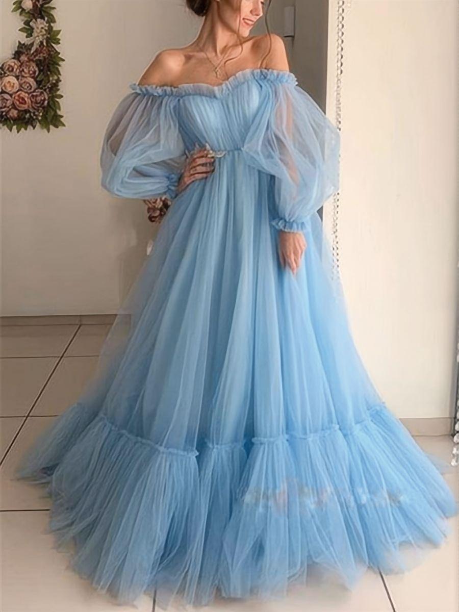 Off-shoulder Mesh Long Sleeves Backless Big Swing Maxi Dresses