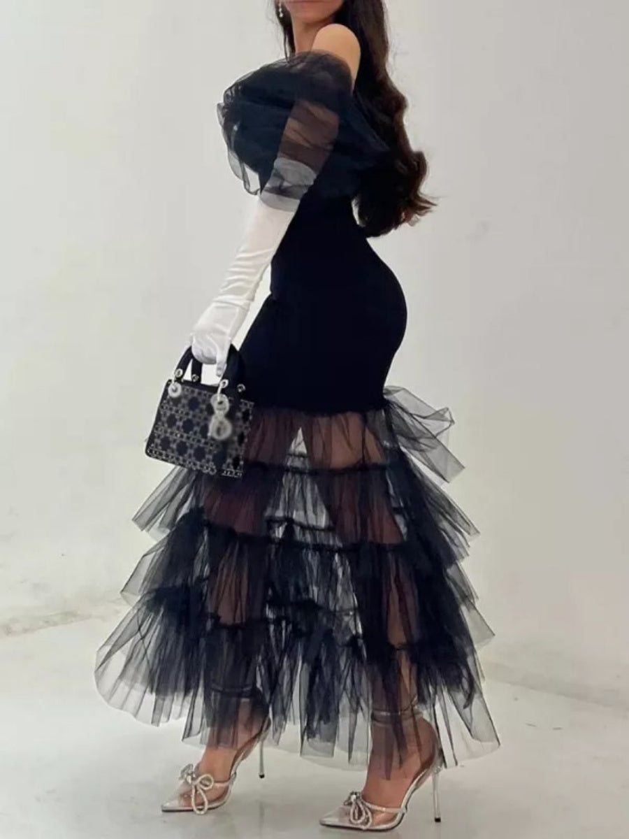 Black Multi-layered Mesh Strapless Long Dress