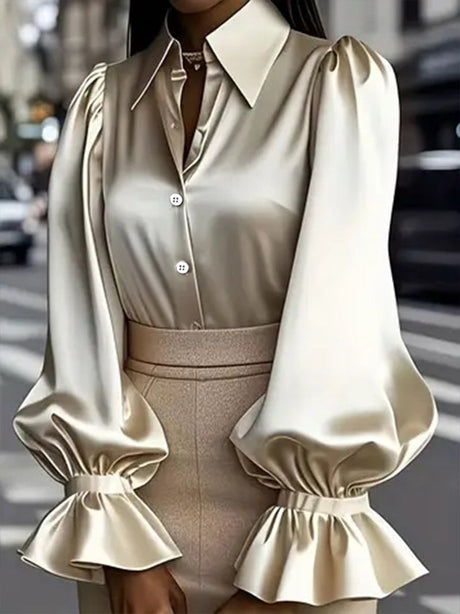 Puff Sleeve Long-sleeved Collared Satin Shirt