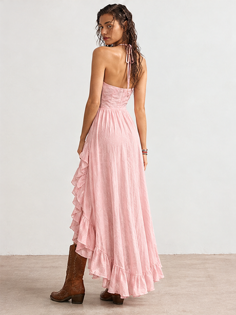 Casual Ruffled V-neck Sleeveless Linen Long Dress