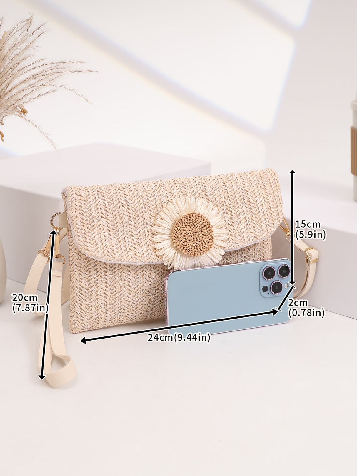 Solid Color Vacation Floral Straw Crossbody Bag