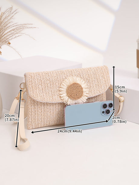 Solid Color Vacation Floral Straw Crossbody Bag