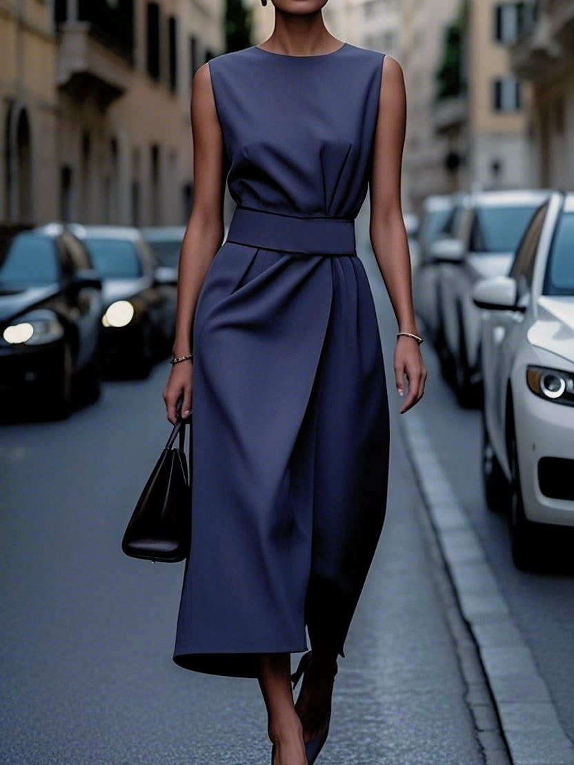 Sleeveless Round Neck Tie Midi Dresses