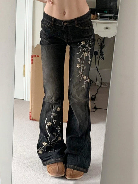 Floral Embroidery Retro Bell-bottoms Jeans