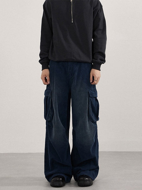 Retro Washing Corduroy Leisure Pleated Multiple Pockets Cargo Trousers