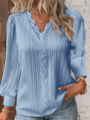 Lace Trim V-neck Long Sleeve Shirt T-shirts
