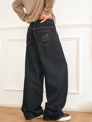 Jean délavé à blocs de couleur, coupe ample et droite