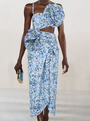 Floral-decorated Hollowed-out One-piece Swimsuit And Sun-protective Long Dress Two-piece Set