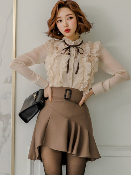 Elegant Two-piece Set: Stand-up Collar Sheer Blouse And Ruffled Skirt.