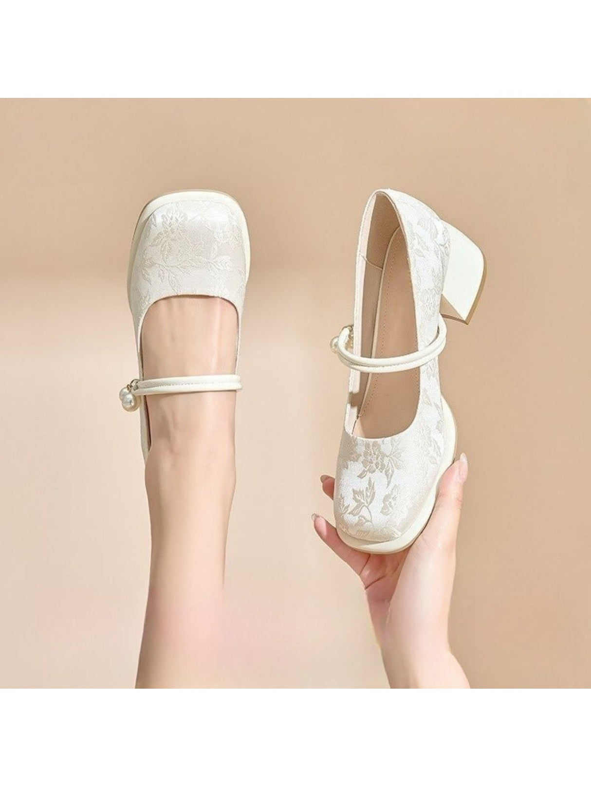Liber Spring and Autumn Embroidery Print Pearl Women's High Heel Mary Jane Shoes