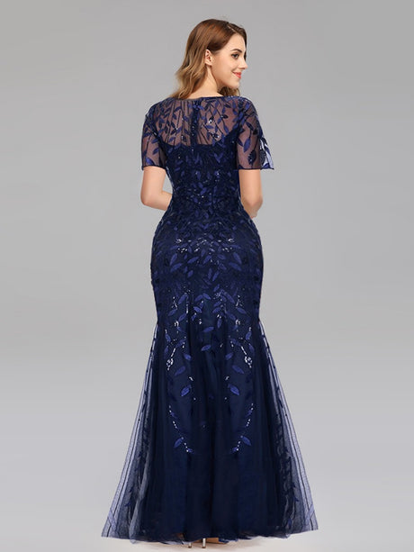 Embroidery Sequins Fishtail Spliced Mesh Formal Dress Maxi Dresses