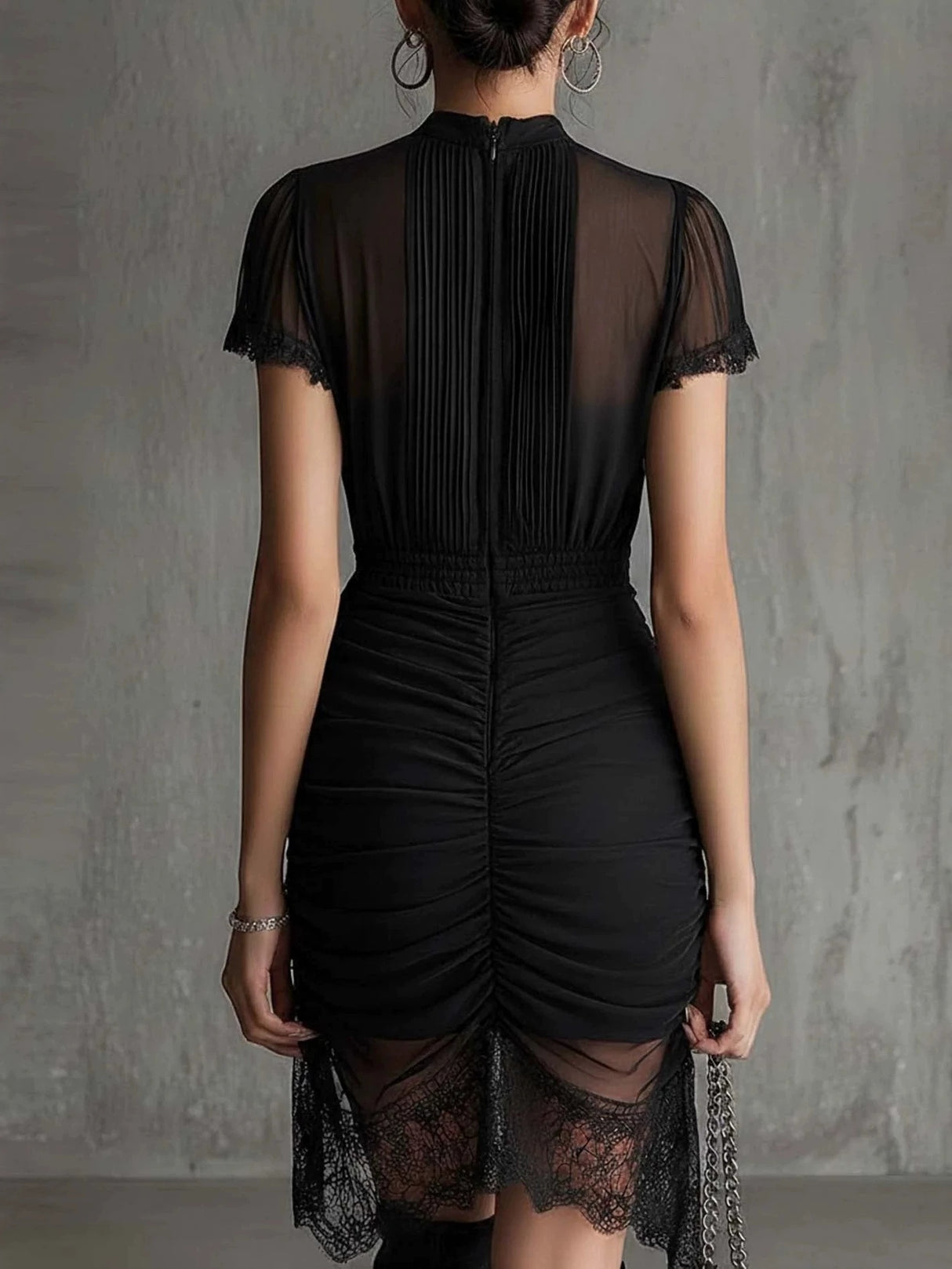 Black Sheer Lace-trimmed Slim-fitting High-slit Short Dress