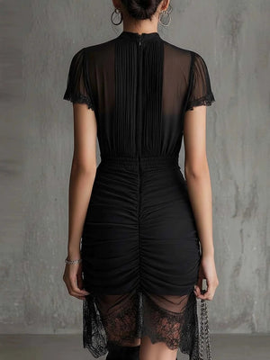 Black Sheer Lace-trimmed Slim-fitting High-slit Short Dress
