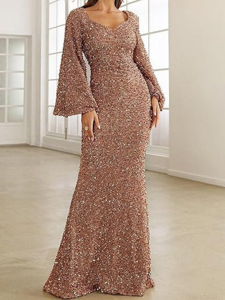 V-neck, Bodycon Sequined Mid-waist, Flared Sleeve Long Dress