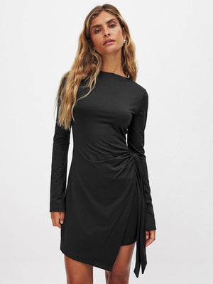Long-sleeved Round-neck Tie Short Dress