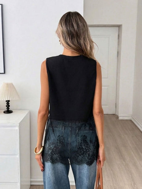 Black Sleeveless Lace Splicing Tank Tops