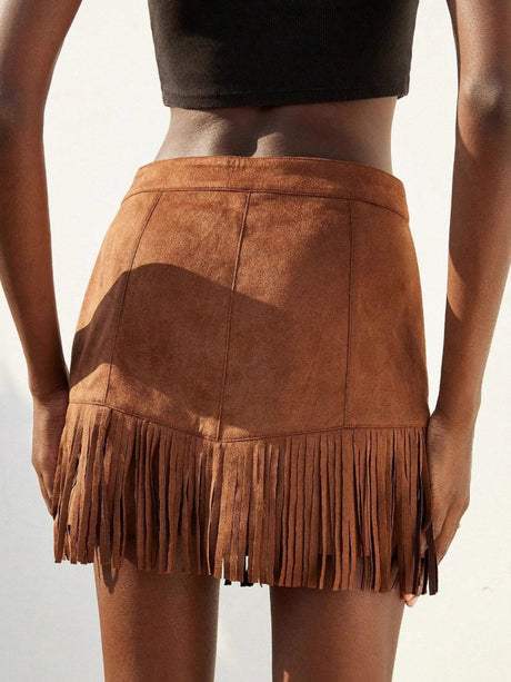 Imitation Suede Tassel Hem Studs Cropped Skirts
