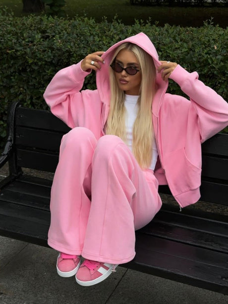 Liber Autumn women's clothing with pockets solid color Sweatshirts&Hoodies Long sleeve cardigan two piece set