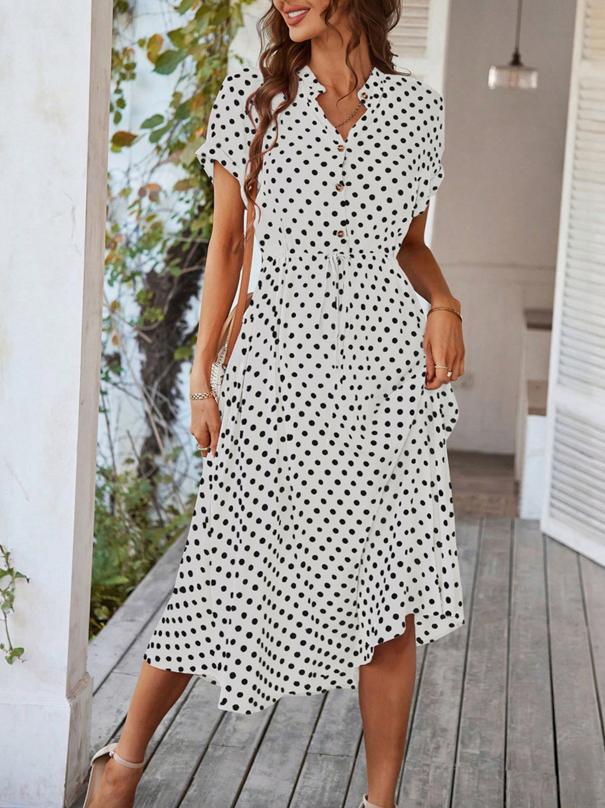 Polka Dots Polo Collar Waist Tie Short Sleeves Maxi Dresses