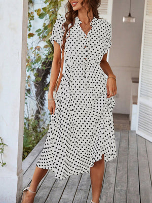 Polka Dots Polo Collar Waist Tie Short Sleeves Maxi Dresses