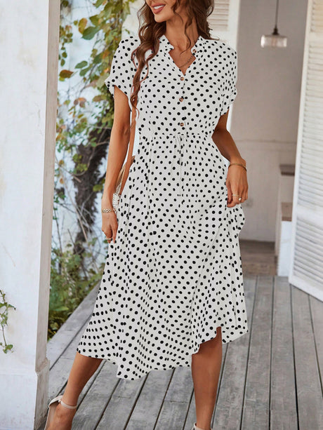 Polka Dots Polo Collar Waist Tie Short Sleeves Maxi Dresses