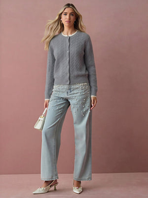 Cable Knit Color-blocked Trim Faux Two-piece Round Neck Knit Cardigan