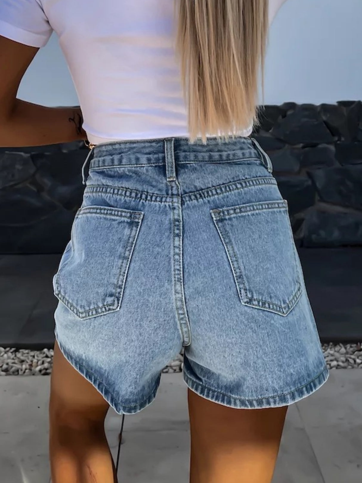 Rhinestone-studded Pocket Straight-leg Denim Shorts