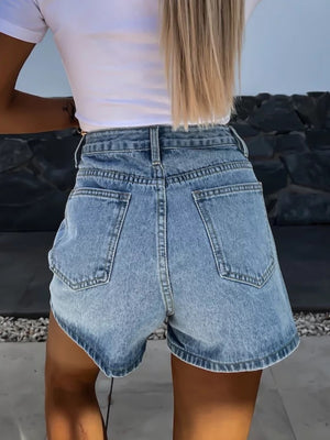 Rhinestone-studded Pocket Straight-leg Denim Shorts